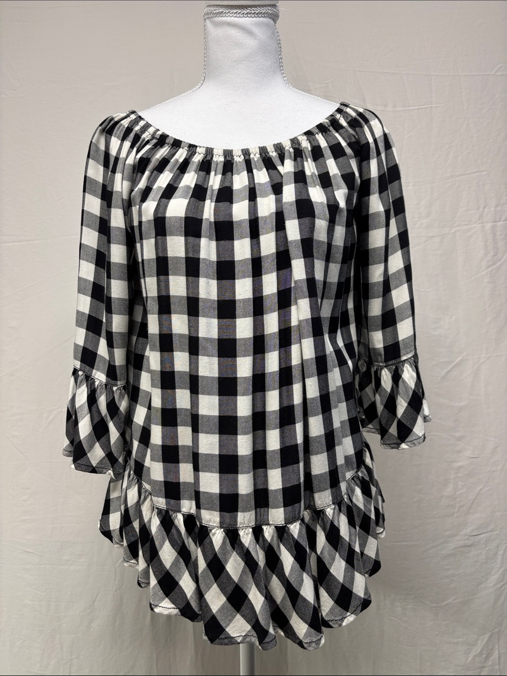 beachlunchlounge Black & White Plaid Off-Shoulder Ruffle Tunic